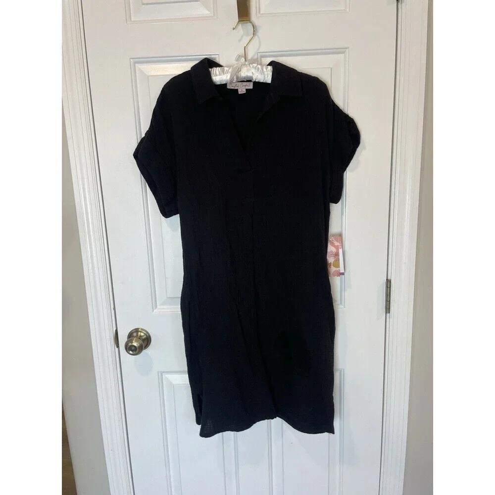 Beach Cover Up Black Cotton Gauze Tunic Women S V-Neck Pockets Coastal NWT